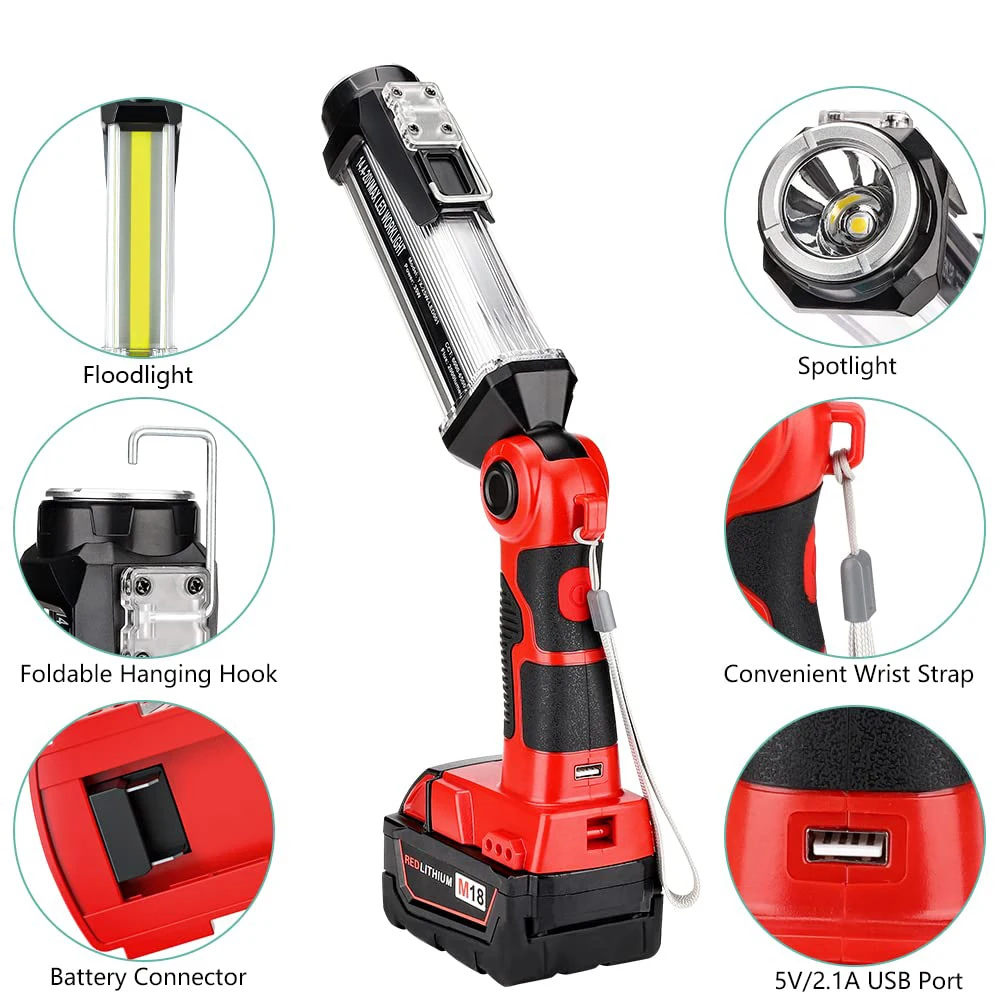 

Outdoor Flashlight Portable Camping Light for Milwaukee 18V Battery Rechargeable LED Work Light for Workplace Emergency Lighting
