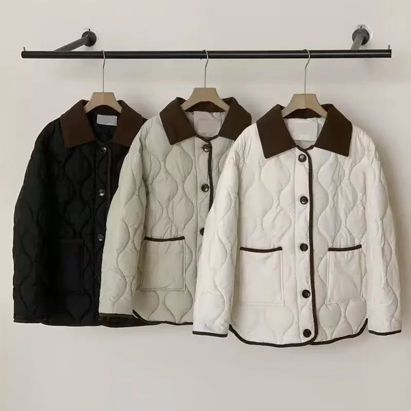 

Short Down Cotton Jacket Women 2025 New Contrasting Color Lapel Diamond Grid Lightweight Loose Cotton Clothes Female Outerwear
