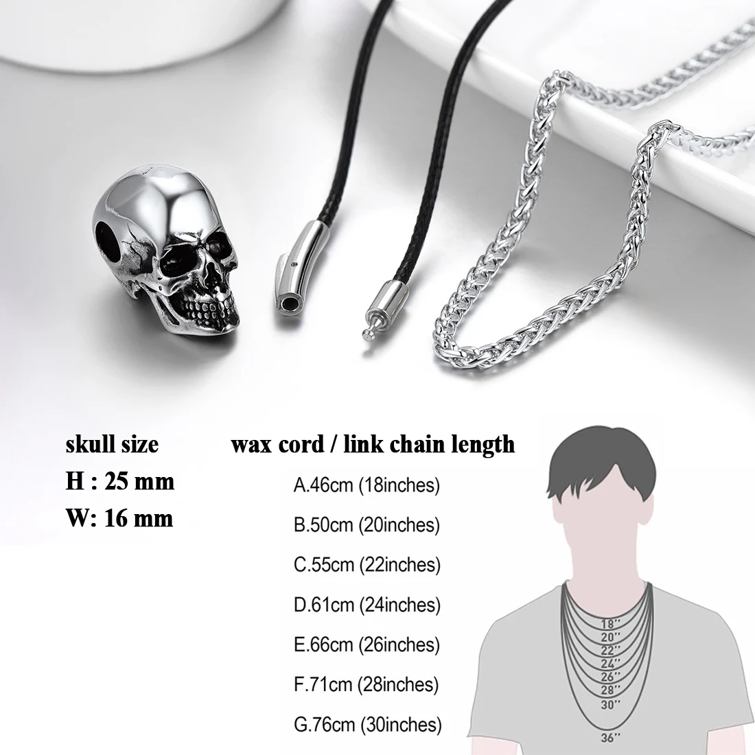 U7 Skull Necklaces for Men Skeleton Pendant with 18-30 inches Wax Cord / Link Chain Punk Retro Gothic Stainless Steel Jewelry