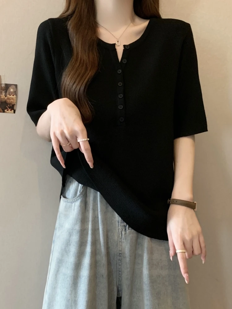 Ice Silk Knitted Short Sleeve T-Shirt Women's Summer Loose Fit Basic Shirt Conceals Belly And Fat for plus Size Ladies