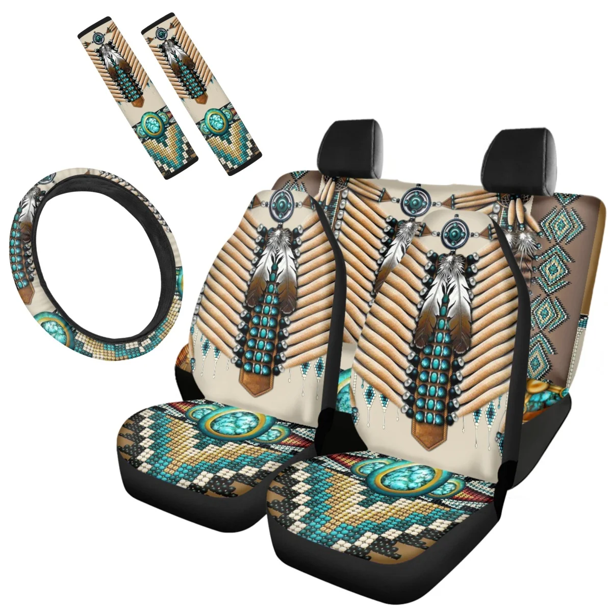 Halloween Decoration Tribal Navajo Brand Design Auto 7Pcs Accessories Steering Wheel Covers Front Back Seat Cover Set  Washable