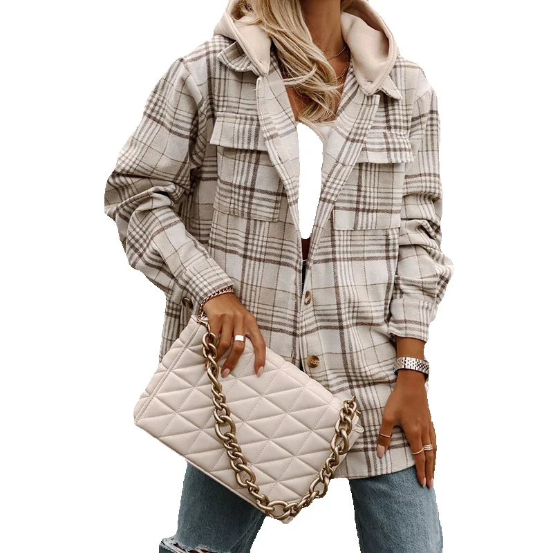 

Autumn New Checkered Print Long Sleeve Coat For Women Commuter Versatile Hooded Jacket