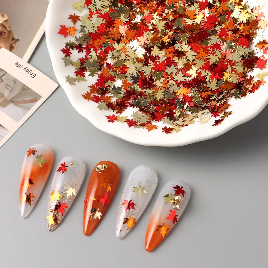 1 paquete de hojas de arce de colores mezclados para decoración de uñas, lentejuelas brillantes, calabaza, hojas rojas y naranjas, copos de resina, abalorio, decoración navideña para uñas de otoño