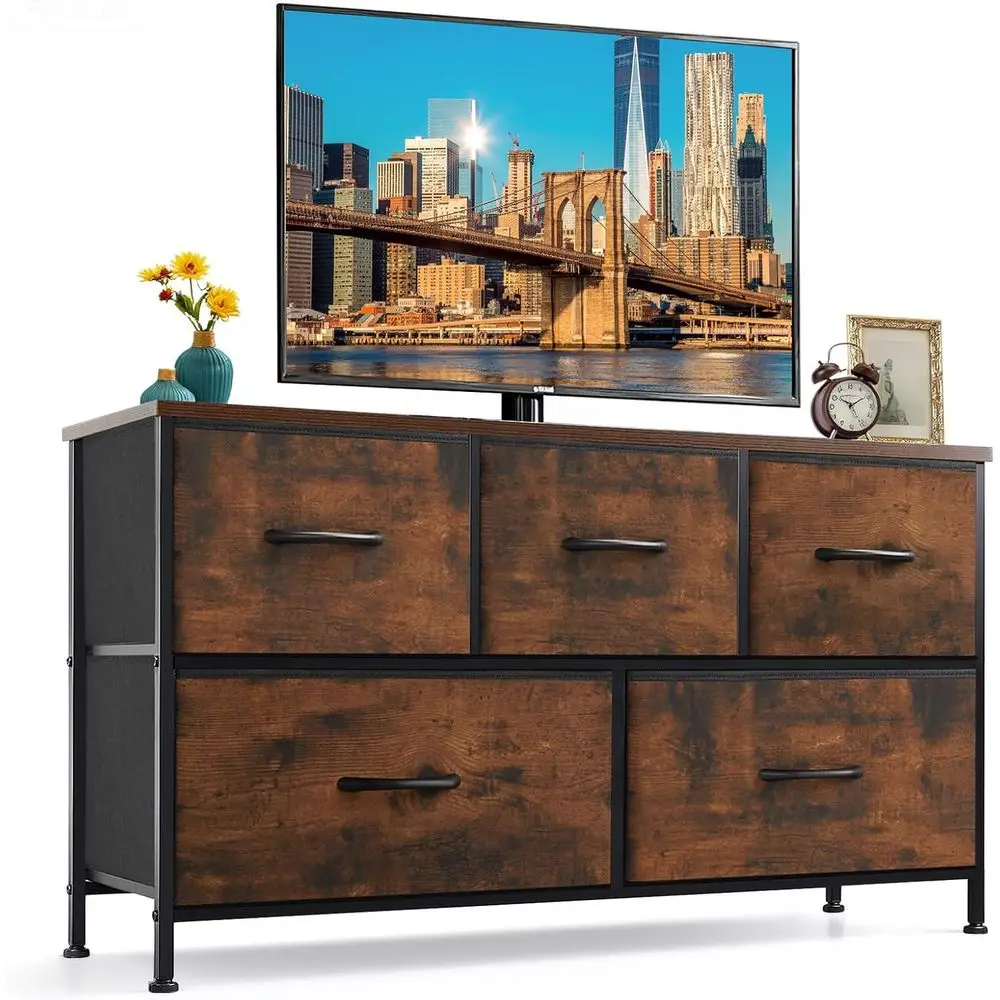 

Bedroom Storage Organizer Fabric Chest for TV Stand or 45 TV with Wooden Top and Metal Legs for Closet, Living Room, Hallway, En