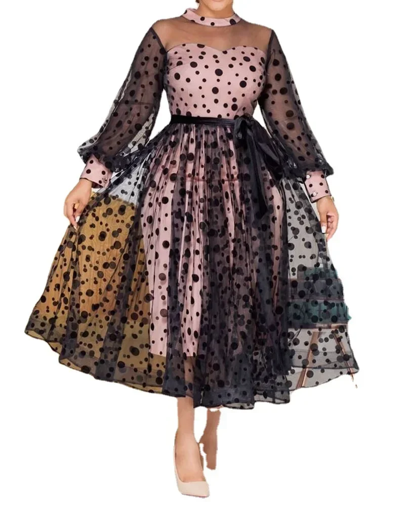 الملابس الأفريقية الصيف فساتين الأفريقية للنساء المرأة الأفريقية طويلة الأكمام س الرقبة شبكة البوليستر فستان S-5XL