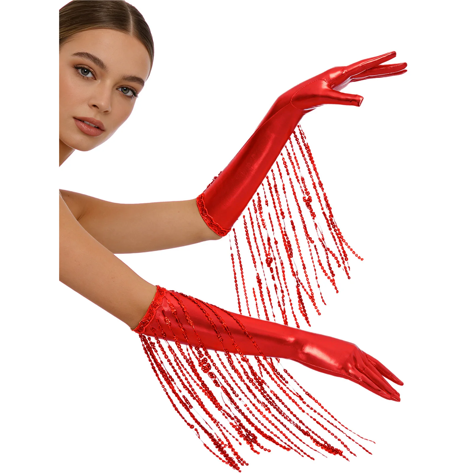 レディースのまばゆいスパンコールフリンジグローブ、メタリックな輝き、1920年代のオペラスタイルのグローブアクセサリー、プロムや社交ダンスのパフォーマンスに最適