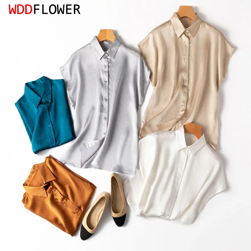 

Women 100% Mulberry Silk 20 momme Heavy Silk Peacock Blue Collared Short Sleeve Buttons Down Shirt Top Blouse office work MM567