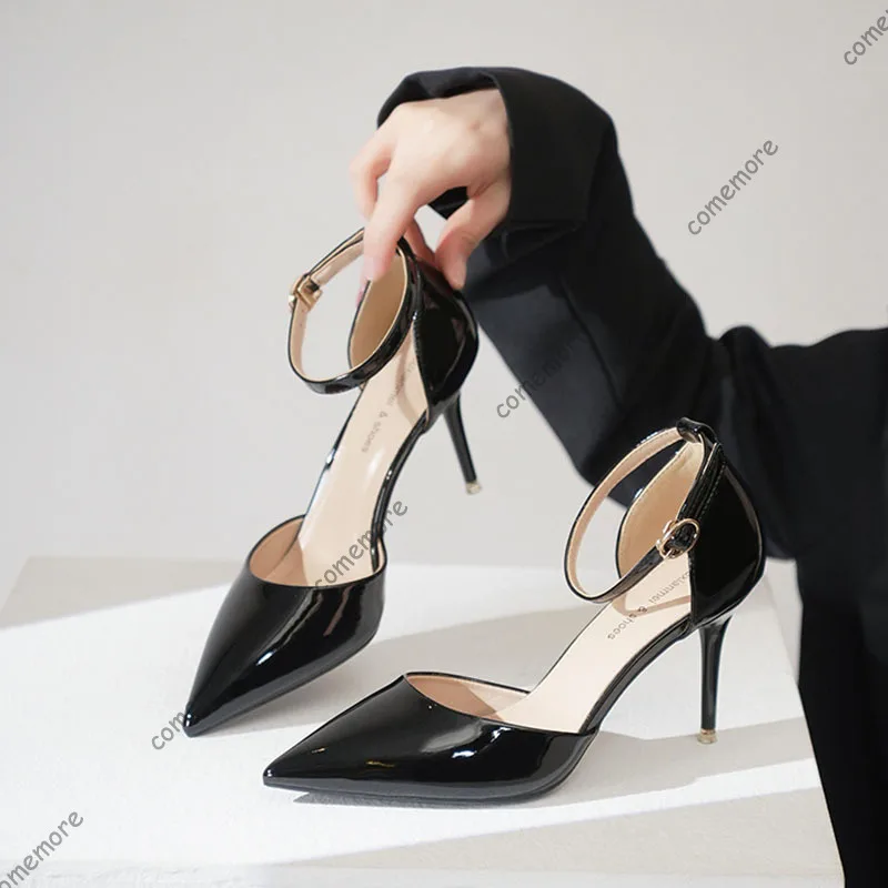 

Comemore/Новая женская обувь на высоком каблуке, лакированная кожа, туфли-лодочки с острым носком и ремнем на щиколотке, женское платье, женское весеннее телесное черное Talon Femme