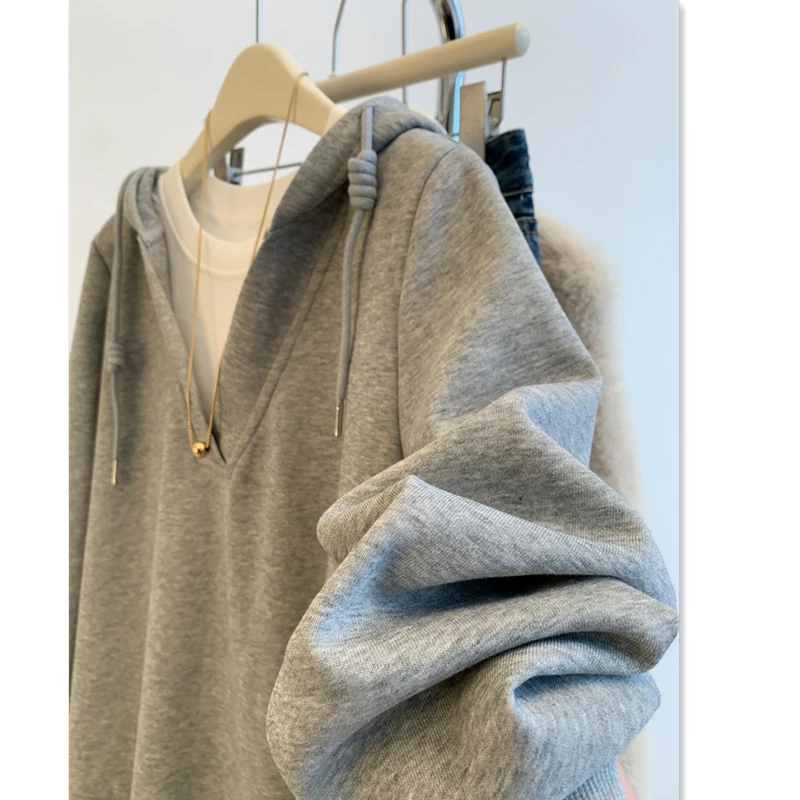 เสื้อฮู้ดคอวีไซส์ใหญ่สำหรับผู้หญิง แบรนด์ Thiened Fce แบบสองชิ้น ใส่สบายๆ สไตล์ลำลอง เหมาะสำหรับฤดูใบไม้ร่วงและฤดูหนาว สตรีทแวร์