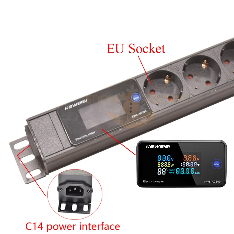 رف جبل PDU وحدة توزيع الطاقة الاتحاد الأوروبي المقبس مقياس التيار الكهربائي الرقمي الطاقة الطاقة الفولتميتر مقياس التيار الكهربائي المعادن Sehll C14 واجهة