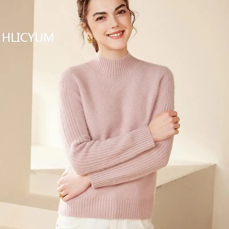 

100% pure cashmere women's sweater autumn/winter half high neck knitted pullover loose Jumper base Tops thickened warm Blouse