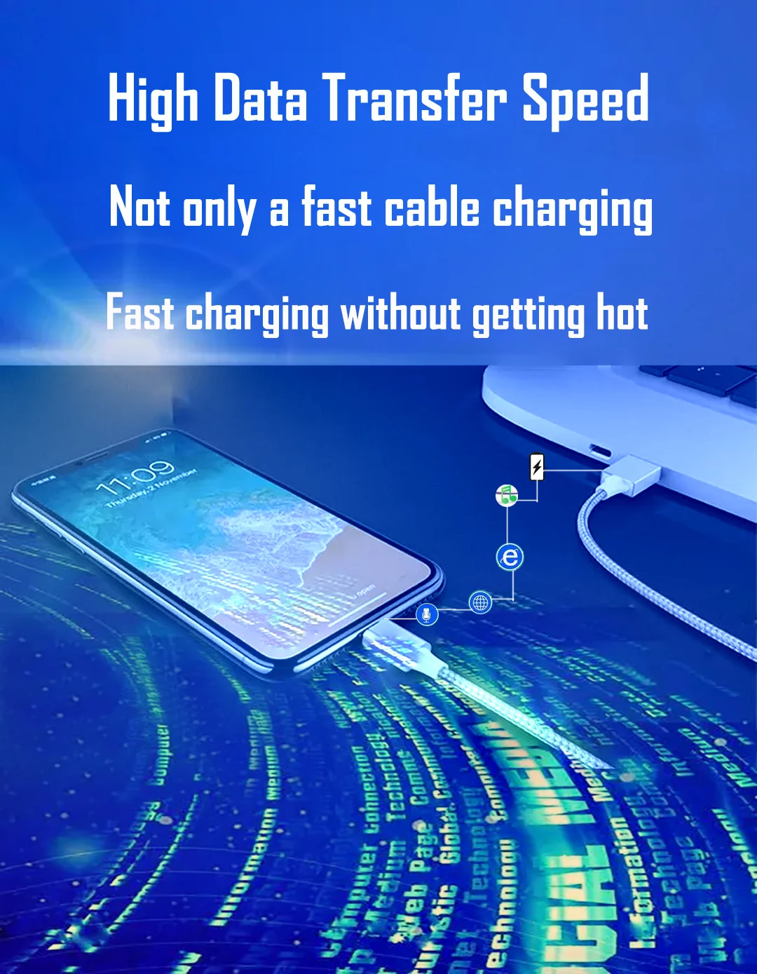 Fast Phone Charger 2 Ports Type C USB,3 IN 1 Cable Charging with Data Transmission for Samsung i.Phone Huawei Xiaomi OPPO Laptop