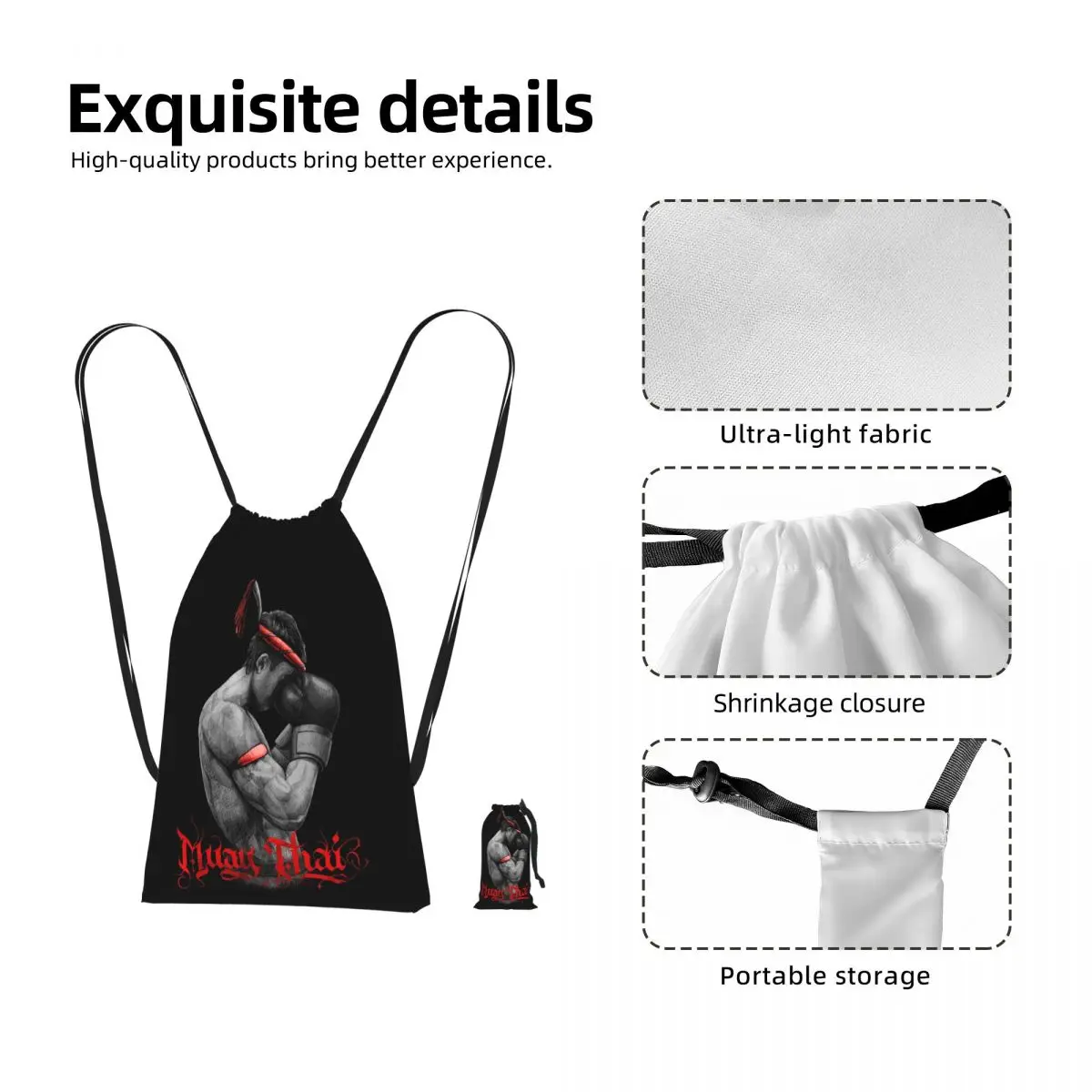 Muay Thai Boxing Fighter Drawstring Backpack Sports Gym Bag Lightweight Foldable Storage Drawstring Bag for Men Women
