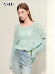 AMII Minimalism Knitwears For Women 2024 Spring Tops New Loose O-Neck Hollow Out Jacquard Sweater Casual O-Neck Blouse 12451072