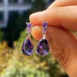 2024 New Water Drop Women's Earrings White/Purple Cubic Zirconia Female Stud Earring Engagement Wedding Party Jewelry