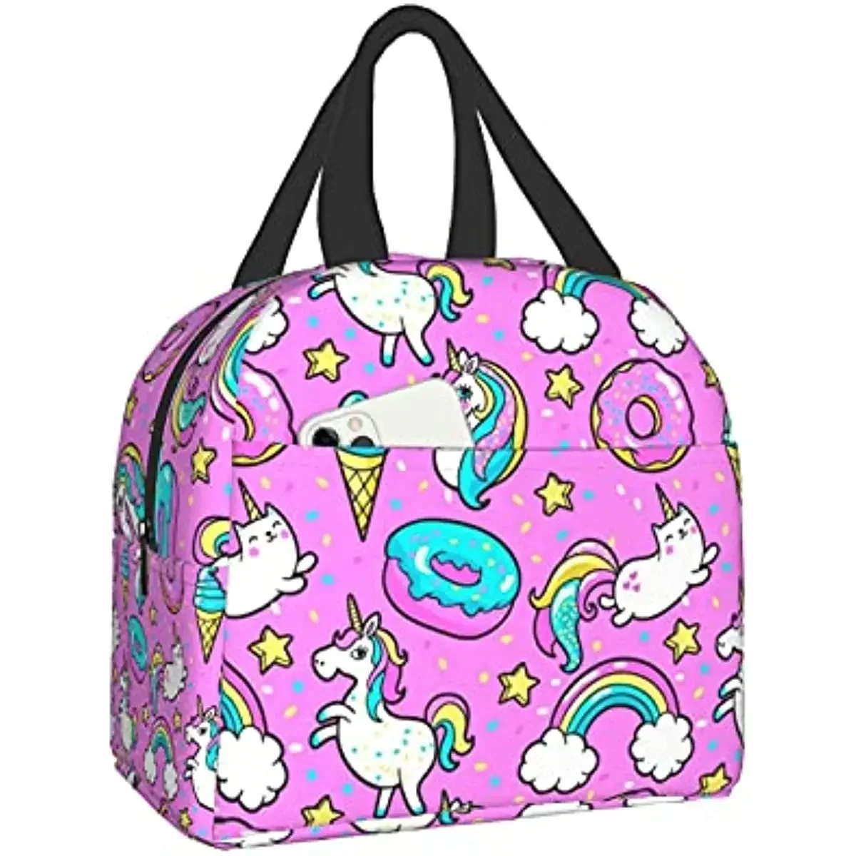 Girls' Insulated Lunch Bag Pink School Cartoon Unicorn Donut Rainbow Lunch Box Portable and Reusable