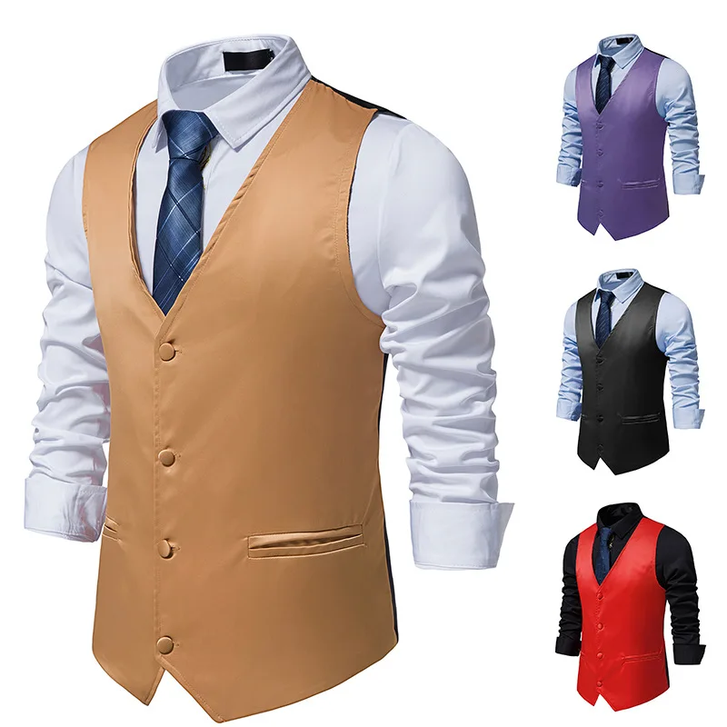 

2024 Foreign Trade Euro Size Men's Solid Wedding Suit Vest British Leisure Slim Fit Single Breasted Vest