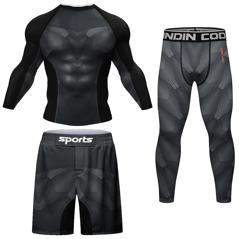 New Boxing Rashguard MMA T-shirt+Shorts For Men 4PCS/Set Black Grappling Bjj Rash Guard Jiu Jitsu T-shirts Sport Tights Clothing