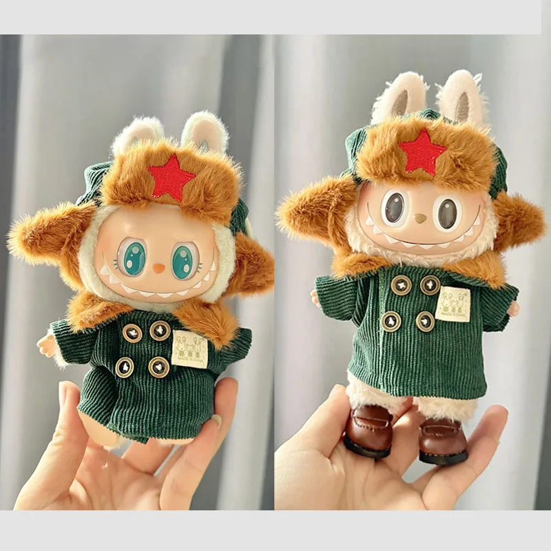 17cm Plush Doll's Clothes The Monster Labubu Outfit Accessories Clothing DIY Lei Feng Army Green Coat Red Star Hat YD02E