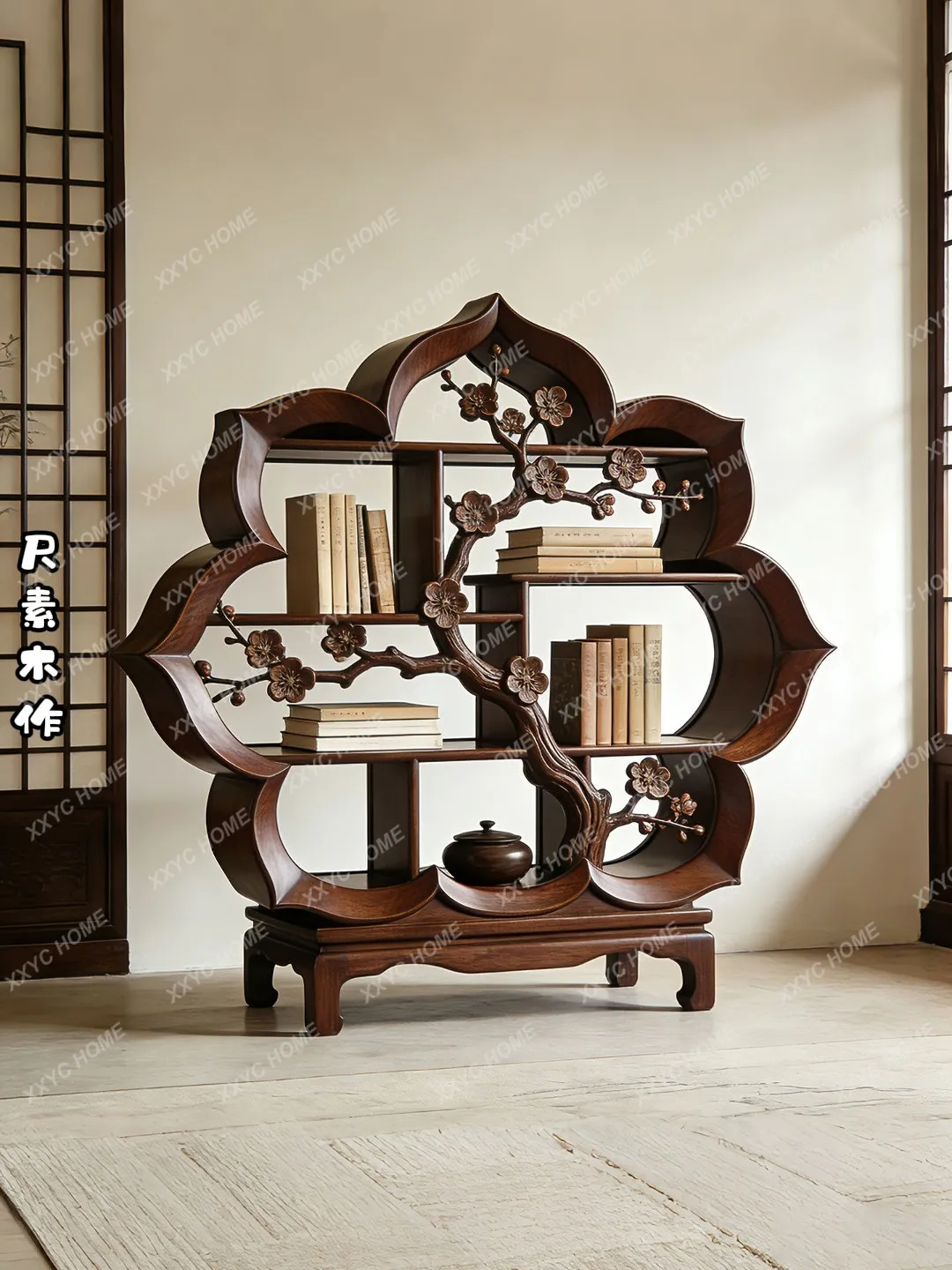 Flower bookshelf Zen Bogu shelf Living room solid wood special-shaped display shelf