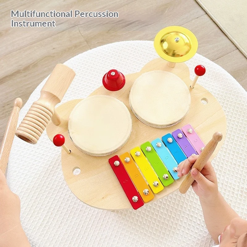 Aovow Wooden Multifunctional Percussion Instrument Xylophone Hand Drum Cymbal Guiro Solid Wood For Indoor Music Practice