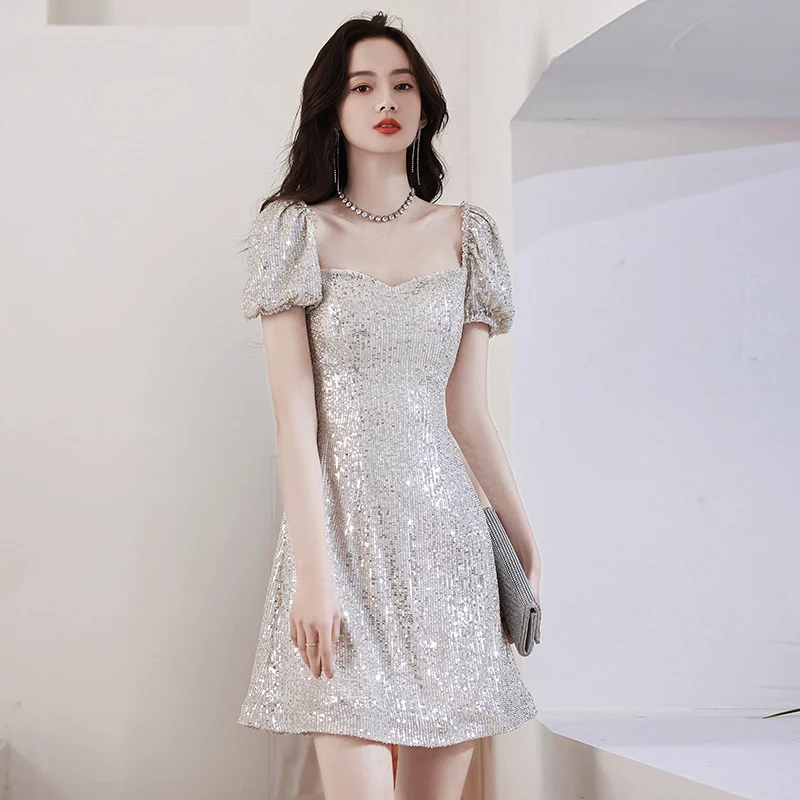 

Ele ort Evening Dr Women's 2026 New Sle Glittering Sequins Luxury Skirt Suit Korean Sle Bubble Sve Midi Dr