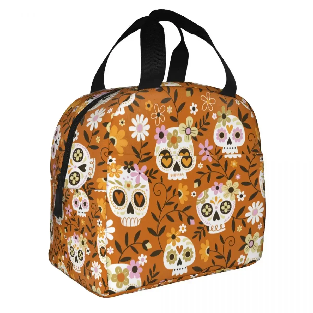 Lunch Bag for Men Women Hand Drawn Cute Sugar Skulls Flowers Insulated Cooler Bag Portable Picnic Work Oxford Lunch Box Handbags