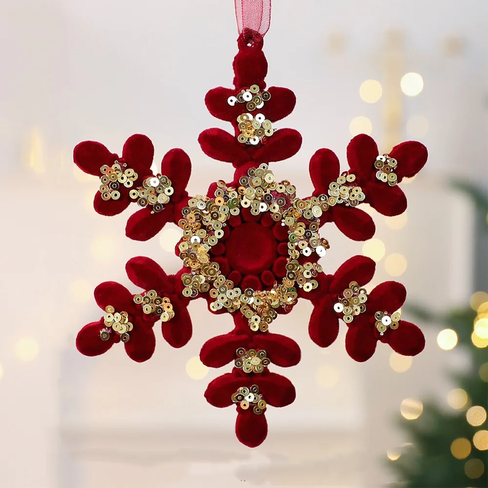 Wine Red Plush Christmas Tree Pendant Glitter Bow Gold Sequin Xmas Tree Pendant Flocking Butterfly Dragonfly