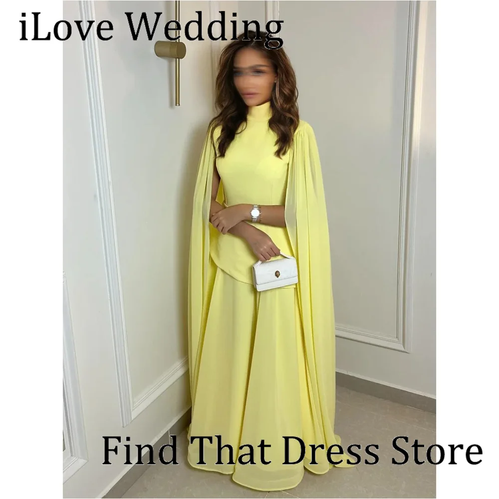 

Custom Made Modern High Neck Draped Formal Evening Party Dress Floor Length A-line Backless Saudi Arab Dress with Cape