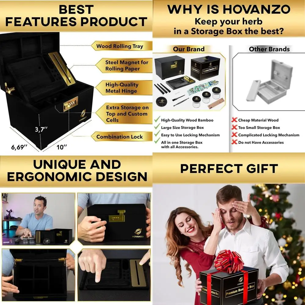 

Большой бамбуковый ящик для хранения со съемным подносом, кодовым замком и защитой от запаха трав и аксессуаров.