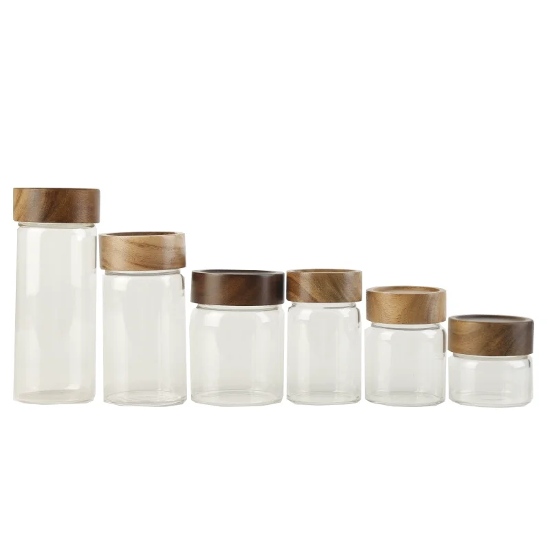 5pcs Solid Wood Lid Glass Powder Bottle, High Borosilicate Glass Storage Jar with Screw-top Seal and Threaded Mouth