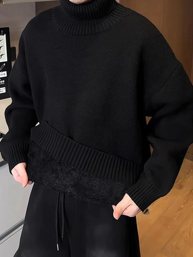 

Мужской утепленный свитер оверсайз с высоким воротом на флисе для осени и зимы, повседневная комфортная кофта-кардиган черного цвета