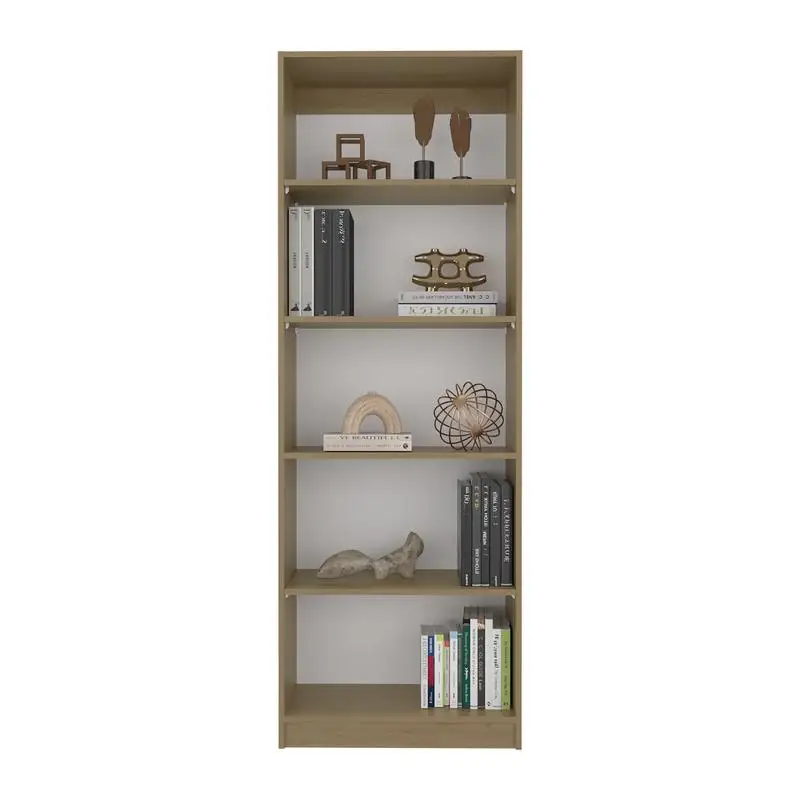 Ampia libreria a 4 livelli in rovere naturale con ripiani e espositori a più livelli