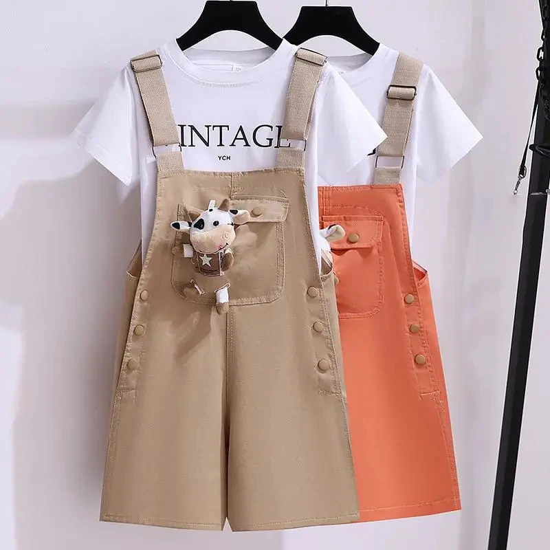 Cute Cow Doll Decoration Girls Overalls Summer New Solid Color Children\'s Bib Shorts Baby Girl Casual Loose Suspenders Shorts