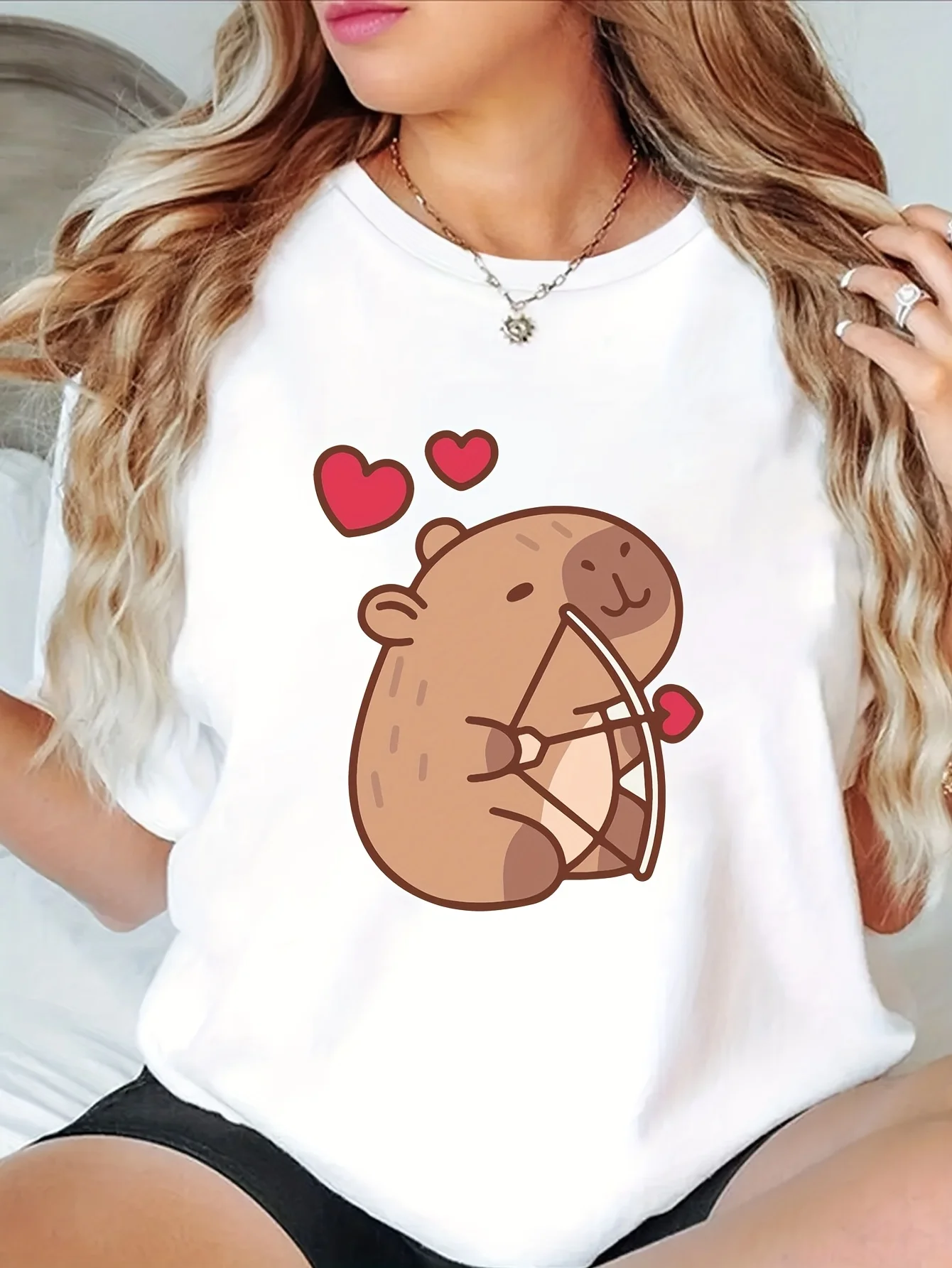 Capybara Printed Short-Sleeve Round-Neck Casual Top for Women Suitable for Spring Summer Sleeved Harajuku Streetwear Tops Tees