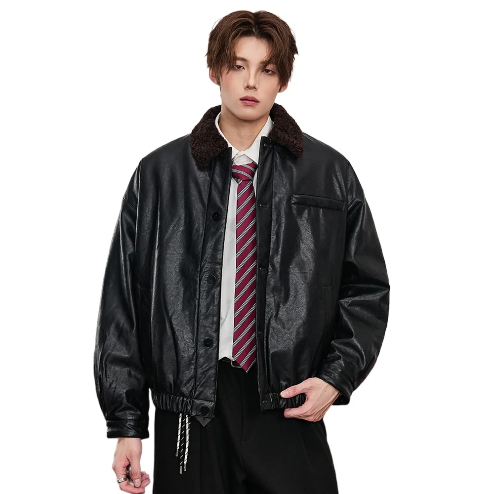 الرجال الشتاء الصوف بطانة فضفاضة عادية سميكة الدافئة سترة جلدية البضائع رجل الشارع الشهير موضة دراجة نارية سترة معطف ملابس خارجية #1