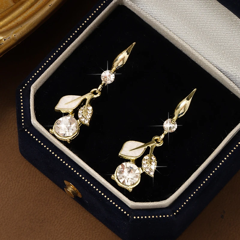 Beige Enamel Leaf Pedants Women's Hanging Earrings Luxury Crystal Hook Earrings Round Drop Earrings 2026 New Fashion Ear Jewelry