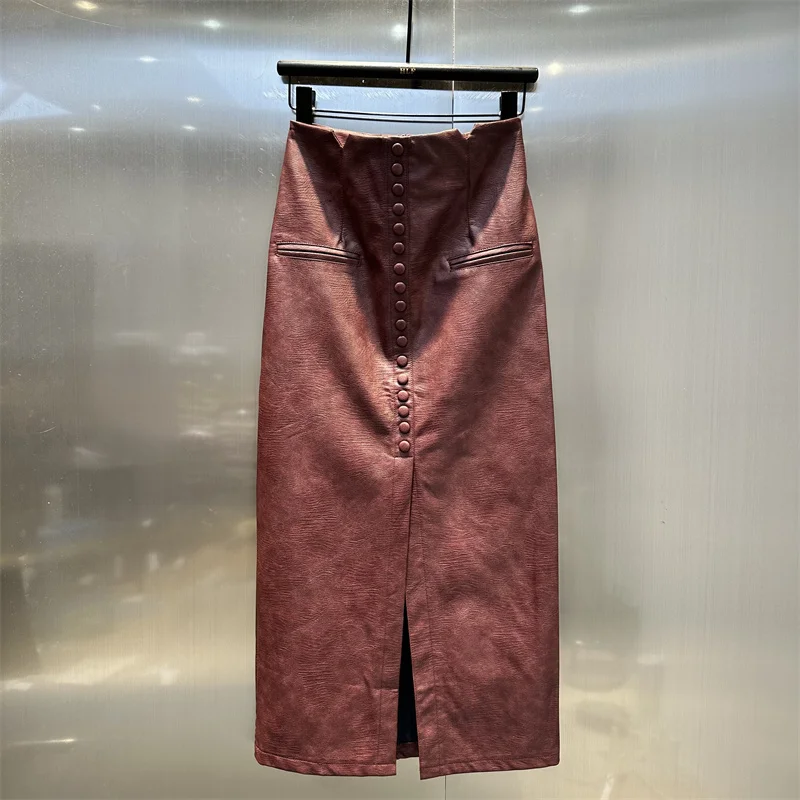 DEAT Women Pu Leather Skirt Slim Straight Split Single Breasted High Waist Wrap Hips Long Skirts Spring 2025 New Fashion 29L9440