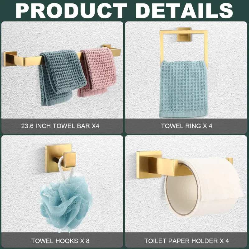 20 Pcs Bathroom Hardware Accessories Set 23.6 Inch Bath Towel Bar Kit Stainless Steel Bathroom Hardware Set Towel Racks Ring Ho