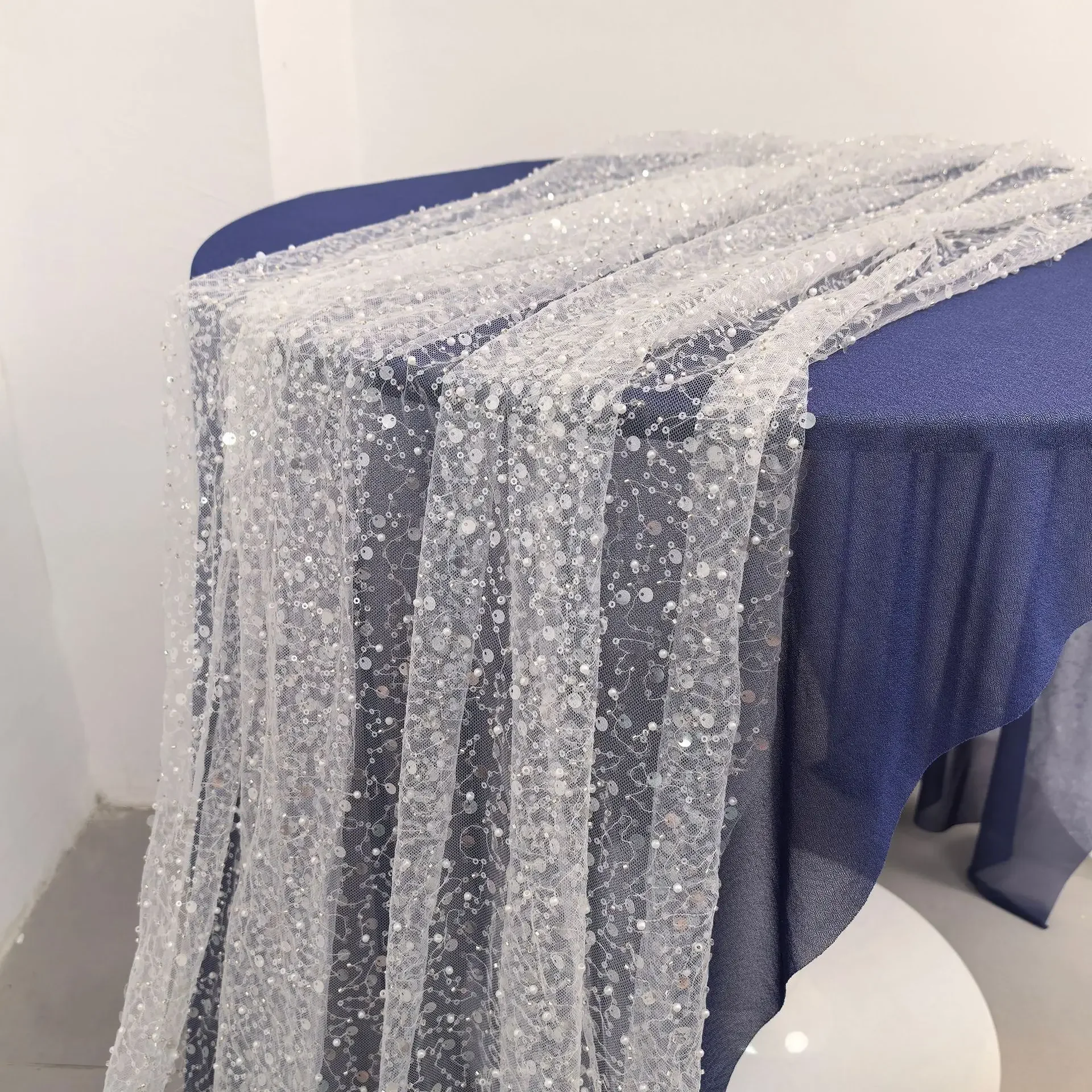 30*275CM Pearl Sequin Mesh Table Runer,Soft Sheer Tulle Wedding Dining Table Decoration For Christmas Bride Shower Party