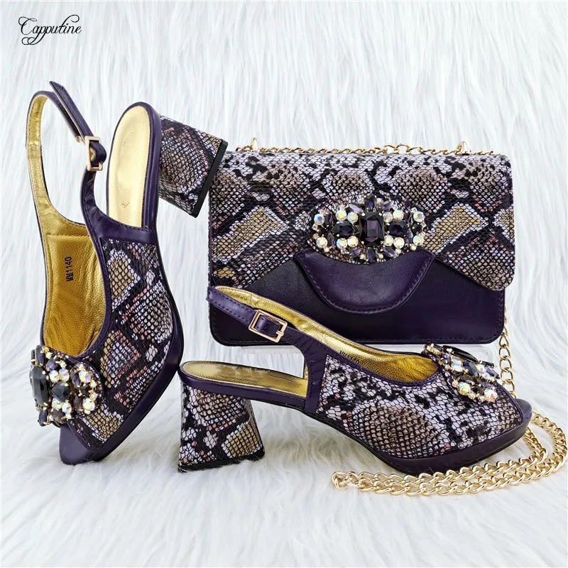 

Dark Purple Women Shoes And Bag Set African Ladies Summer High Heels Sandals Match With Handbag Pumps Femmes Sandales MM1140