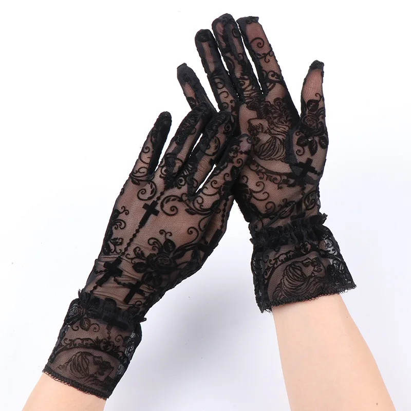 Punk Gothic Lolita Halloween Cosplay Rose Cross Black Lace Thin Gloves Halloween Women Sexy Transparent Elasticity Mesh Mittens