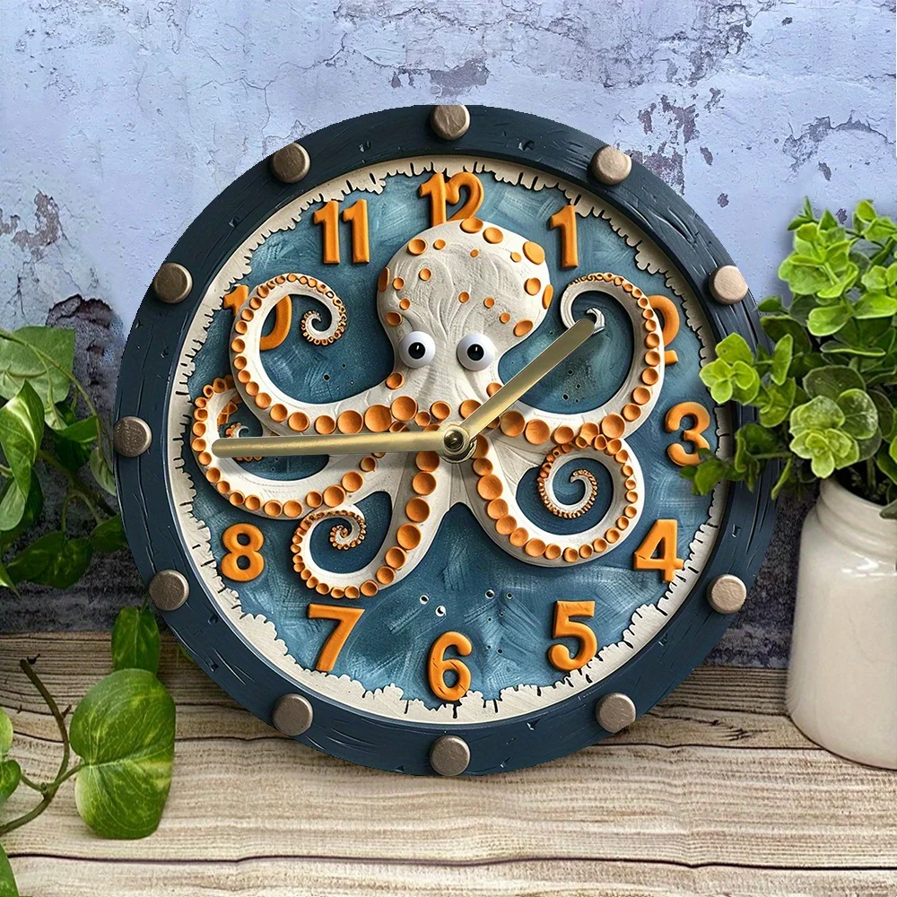 Silent Aluminum Wall Clock with Cartoon Octopus Design - Perfect for Bedroom Decor & Thanksgiving Gift Wall Clock Modern Design