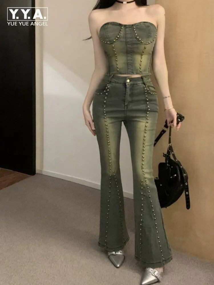 

Fashion Sexy Hot Girl Jeans Slim Fit Micro Flared Pants High Waist Full Length Pant American Retro Rivet Design Denim Trousers