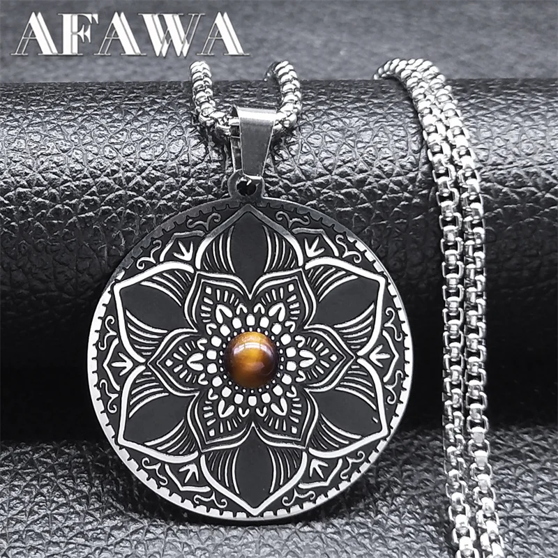 Aesthetic Flower of Life Mandala Necklace for Women Men Tiger Eye Stone Stainless Steel Silver Color Chain Jewelry N9608S02