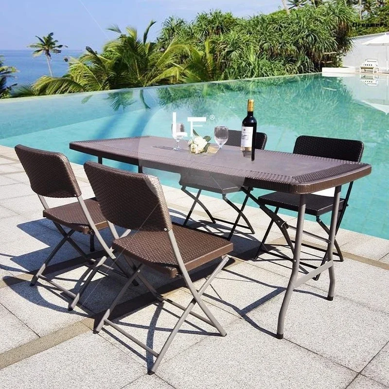 Outdoor dining table and chairs courtyard open-air table waterproof and sunscreen portable plastic garden stall rattan weaving