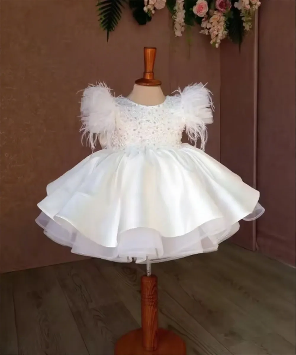 

Customized Satin Flower Girl Wedding Dress Sequined Feathers Bow Puffy Princess Birthday Party Dress Kids First Communion Gown