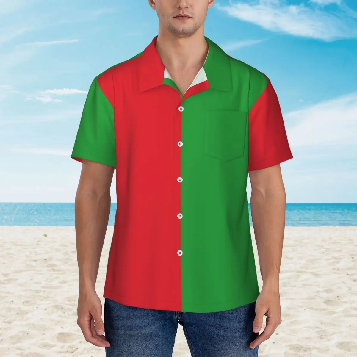 

Two Tone Design Beach Shirt Men Red And Green Casual Shirts Hawaiian Short Sleeve Printed Trendy Oversize Blouses Gift