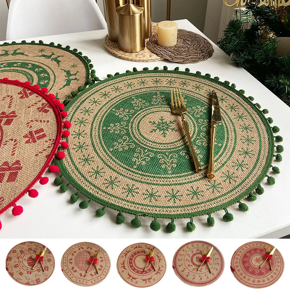 

Retro Jute Christmas Placemat Round Printed Woven Dining Table Mat Coffee Pads Dining Table Mat for Home Christmas Wedding Decor