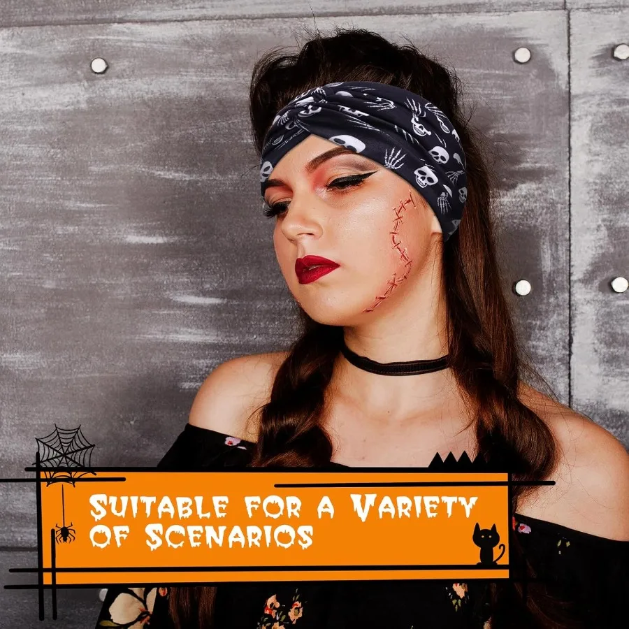6 عبوات من عصابات رأس الهالوين للنساء، عصابات رأس على شكل جمجمة، أربطة شعر واسعة للعطلات، مثالية للحفلات التنكرية #5